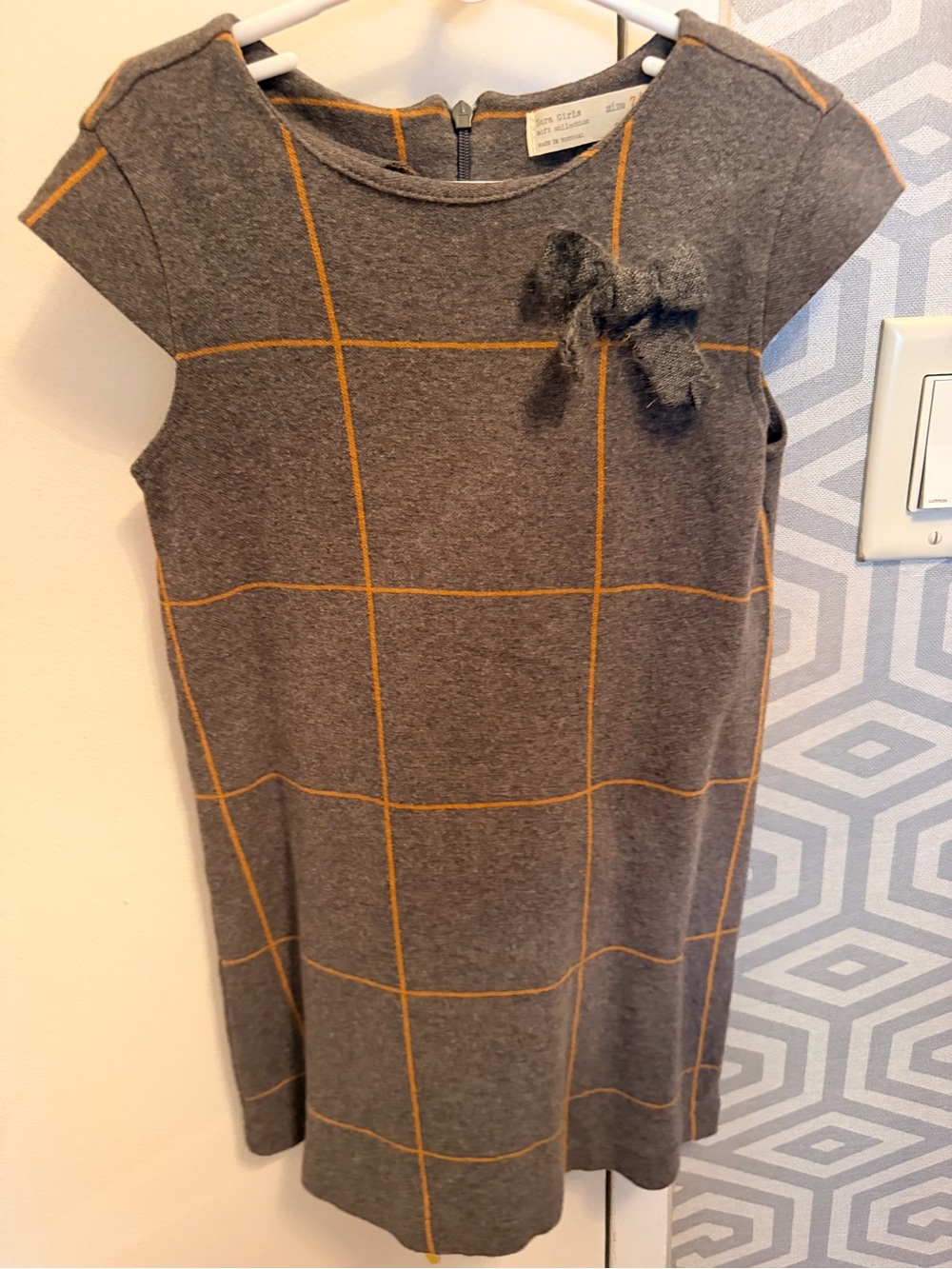 Zara Gray Dress with Mustard Windowpane Grid and Bow
